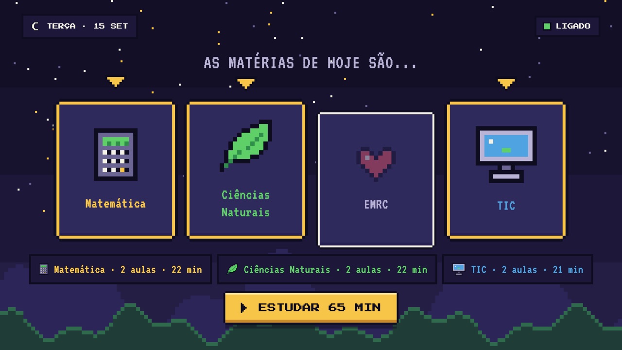 Quatro cartas de matérias (Matemática, Ciências Naturais, EMRC, TIC) e o botão Estudar 65 min.