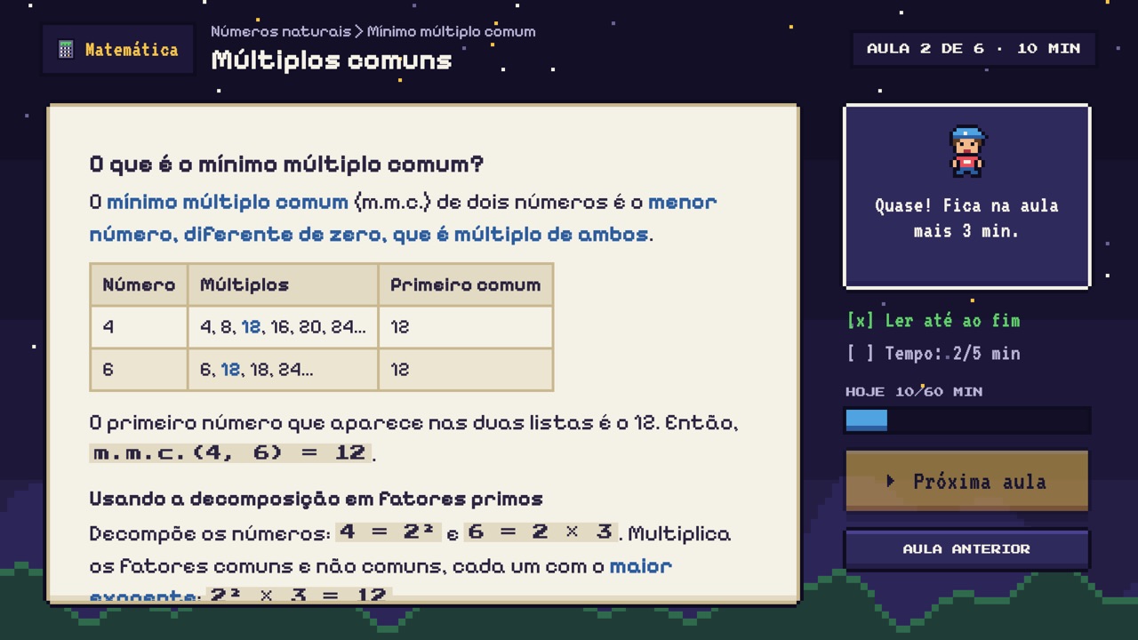 Aula de Matemática sobre múltiplos comuns, com a lista de requisitos e a barra de minutos do dia.