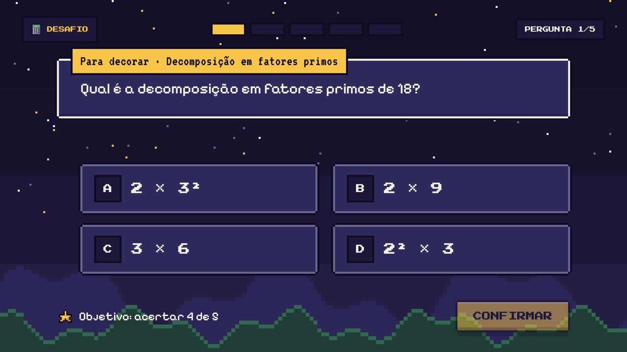 Pergunta de escolha múltipla sobre decomposição em fatores primos, com quatro opções.