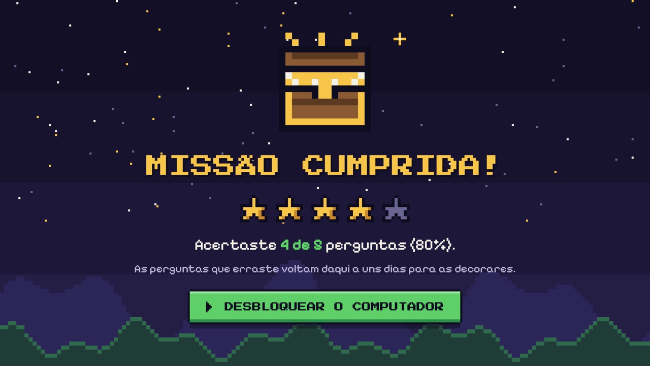 Baú aberto, quatro estrelas de cinco e o botão Desbloquear o computador.