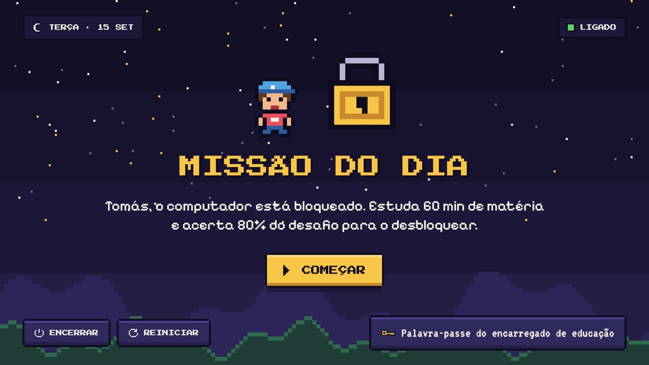 Ecrã de boas-vindas com o herói pixel, um cadeado dourado e o botão Começar.